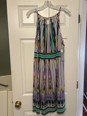 London Times Teal, Purple & Yellow Striped Sundress